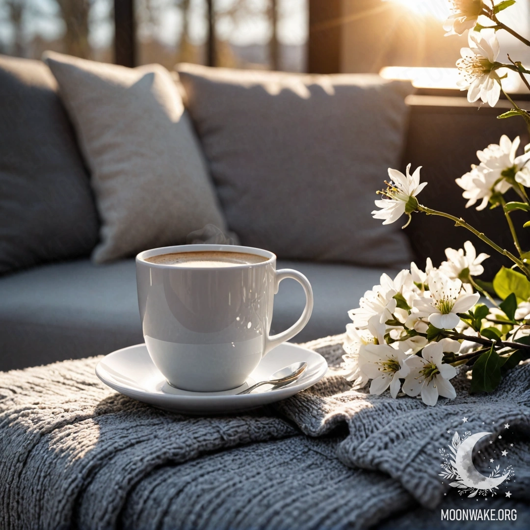 Cozy Sunset Setup with Coffee and Flowers A white chair adorned with a gray knitted blanket, a book, a branch with white flowers, and a white cup of coffee, set against a sunset backdrop.