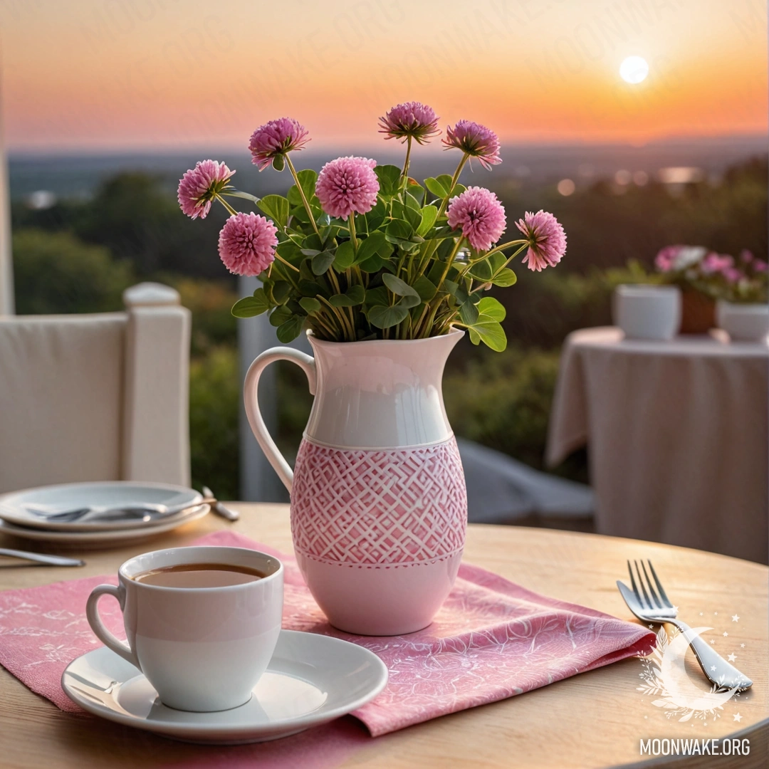 A round straw napkin with white porcelain cups featuring a pink pattern and a white vase with clover, set against a sunset.