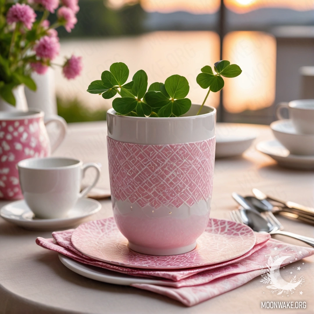 A round straw napkin with white porcelain cups and a clover in a vase at sunset.
