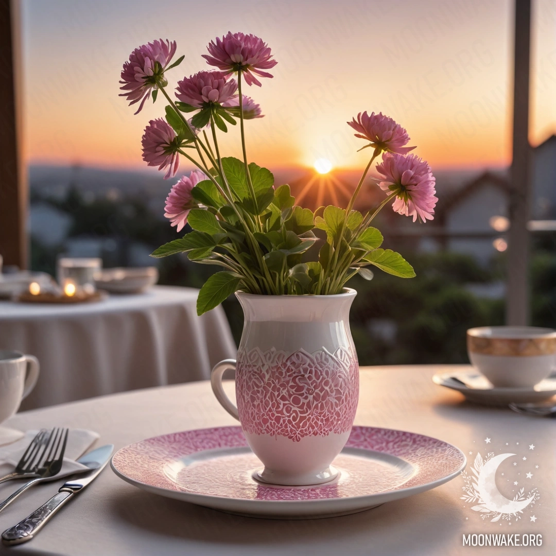 Cozy Sunset Tea Setting A round straw napkin with white porcelain cups and a pink pattern, a clover in a white vase, all against the backdrop of a sunset.