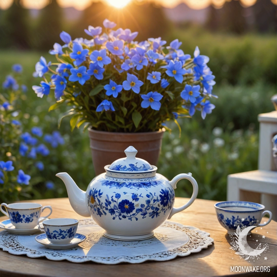 A round wooden table with a porcelain teapot filled with blue flowers during sunset.