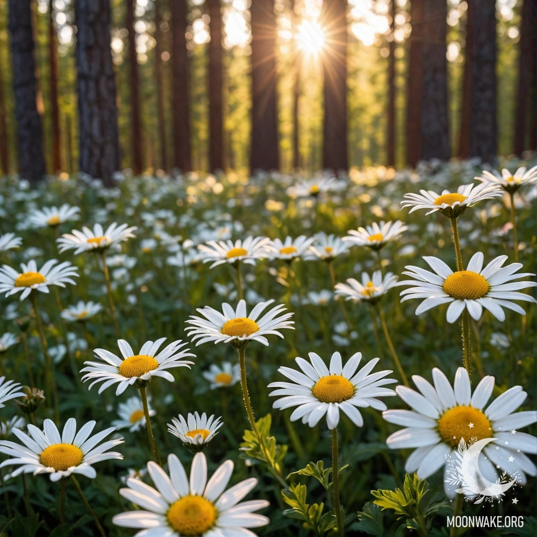 Cozy Sunset Through Forest Trees Close-up of daisies illuminated by the sunset in a forest.