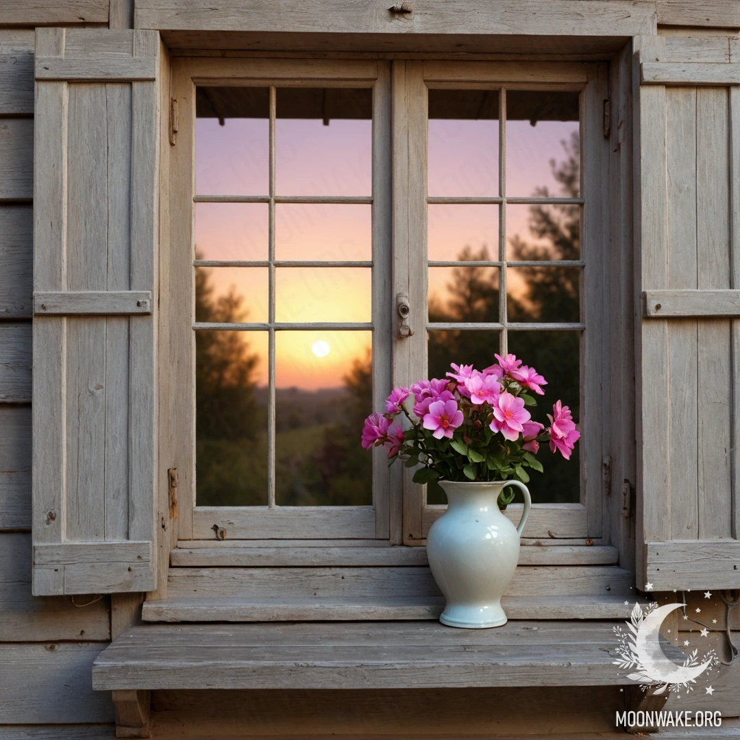 A shabby wooden window adorned with pink flowers, illuminated by a kerosene lamp at sunset.