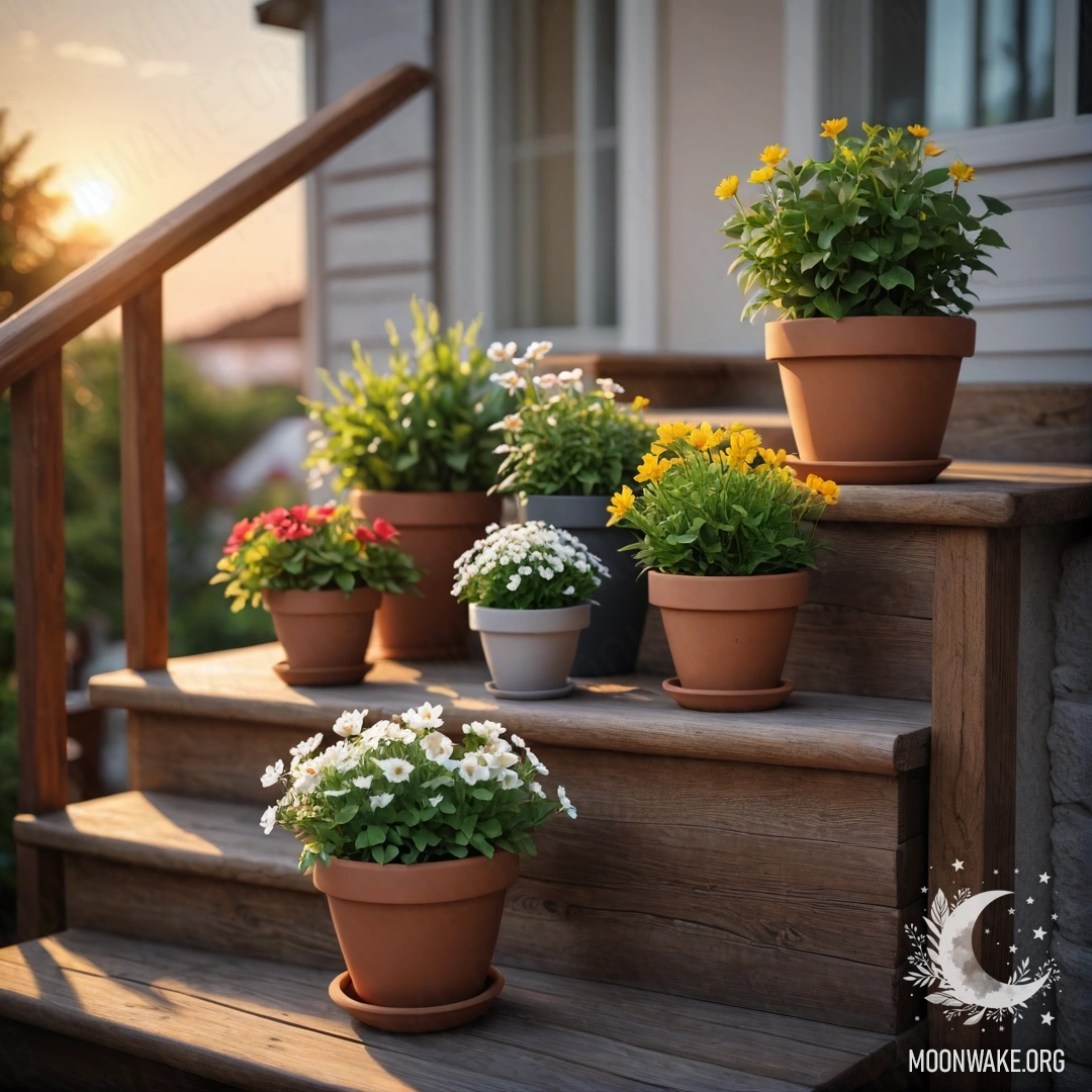 A warm, photorealistic scene of potted flowers on a wooden staircase during sunset.