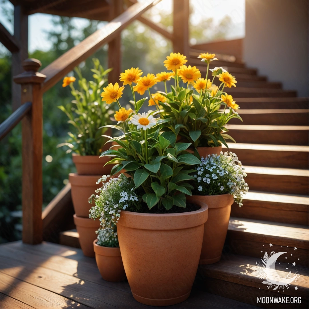 A cozy wooden staircase adorned with flowerpots at sunset.