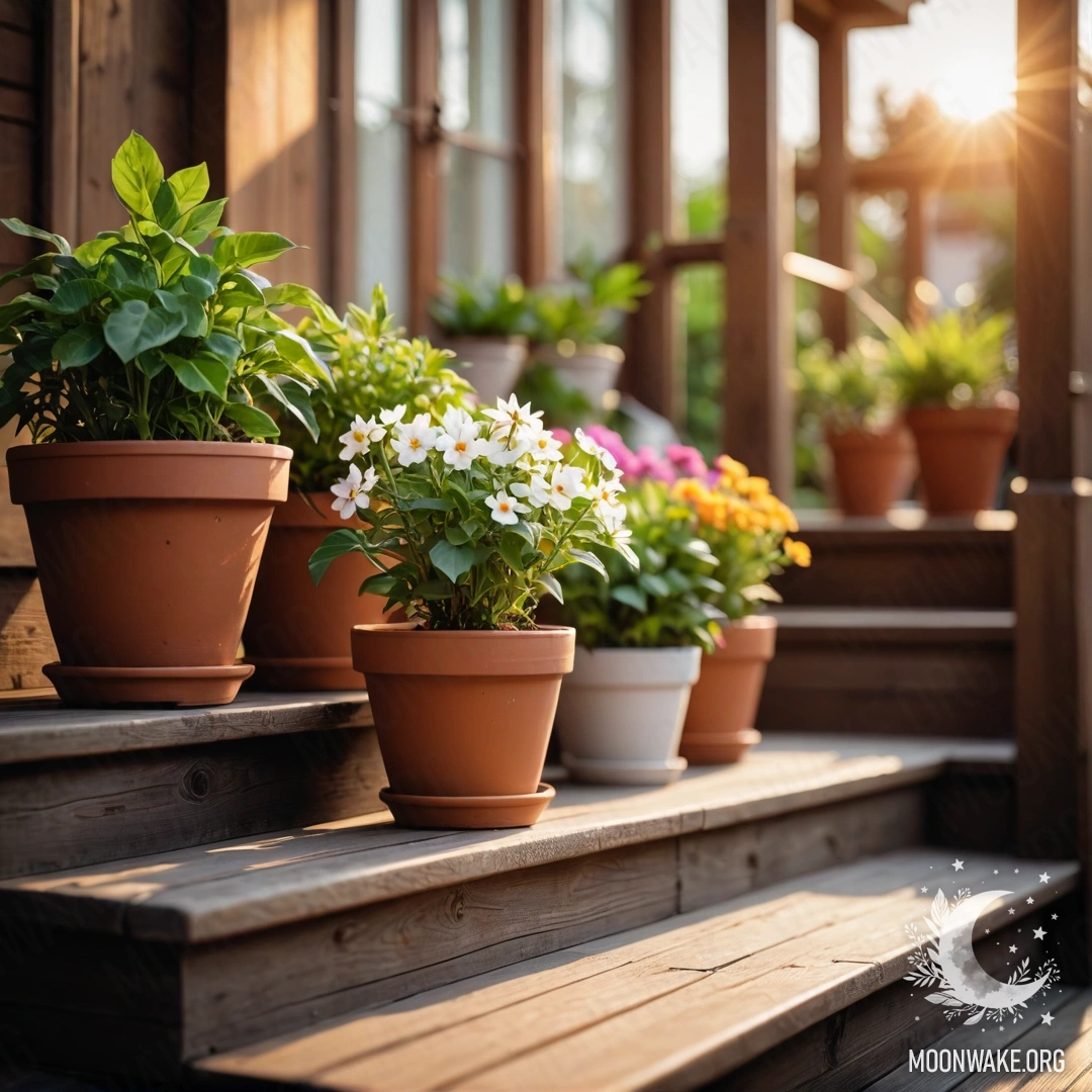 Cozy Sunset on Wooden Staircase with Flowerpots A wooden staircase adorned with flowerpots during sunset.