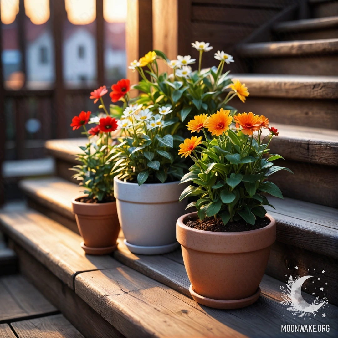 A warm wooden staircase adorned with flowerpots at sunset.