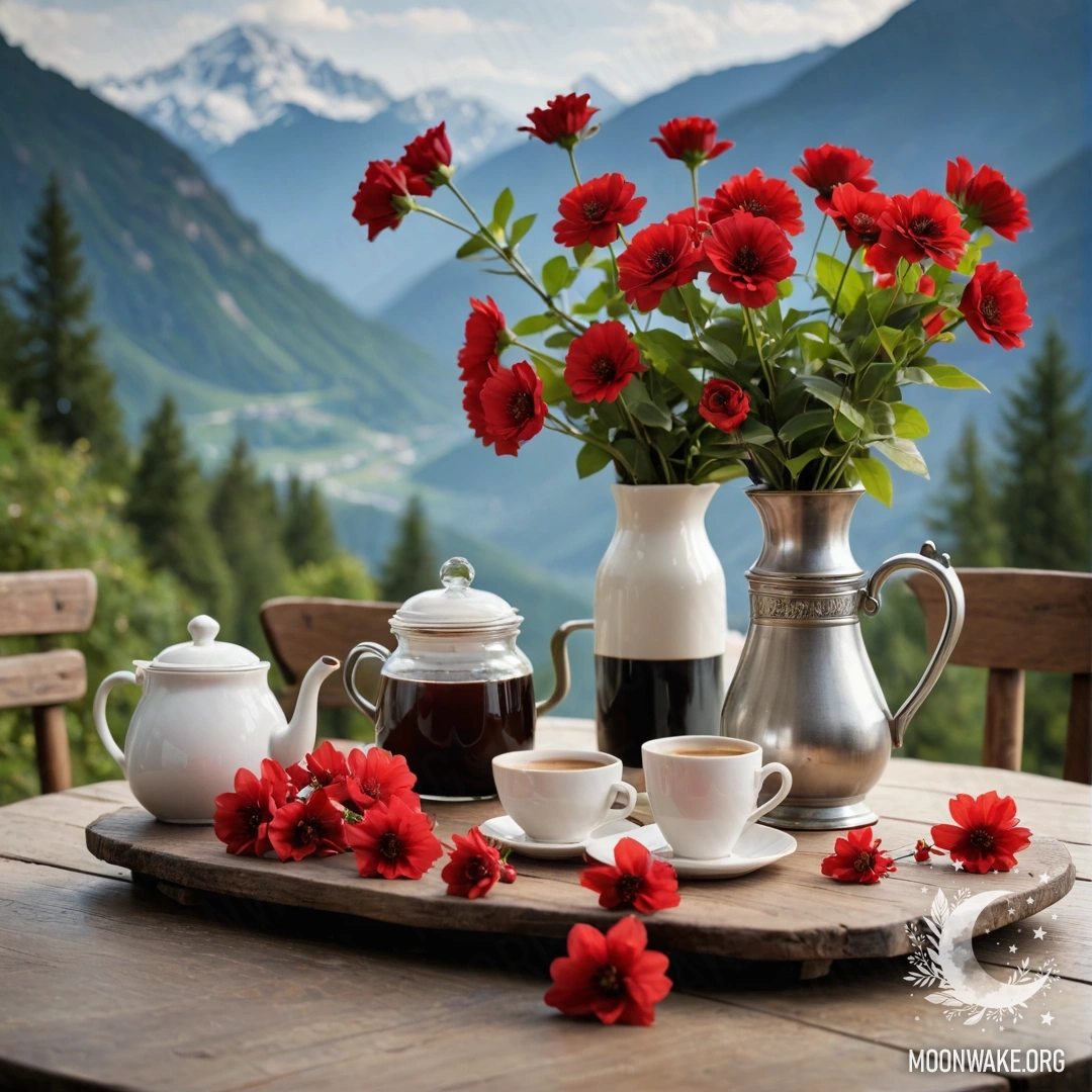 Cozy Table with Flowers and Coffee in Mountain Setting A serene wooden table adorned with a jar of red flowers, a coffee pot, and cups, illuminated by a warm garland against a backdrop of majestic mountains.