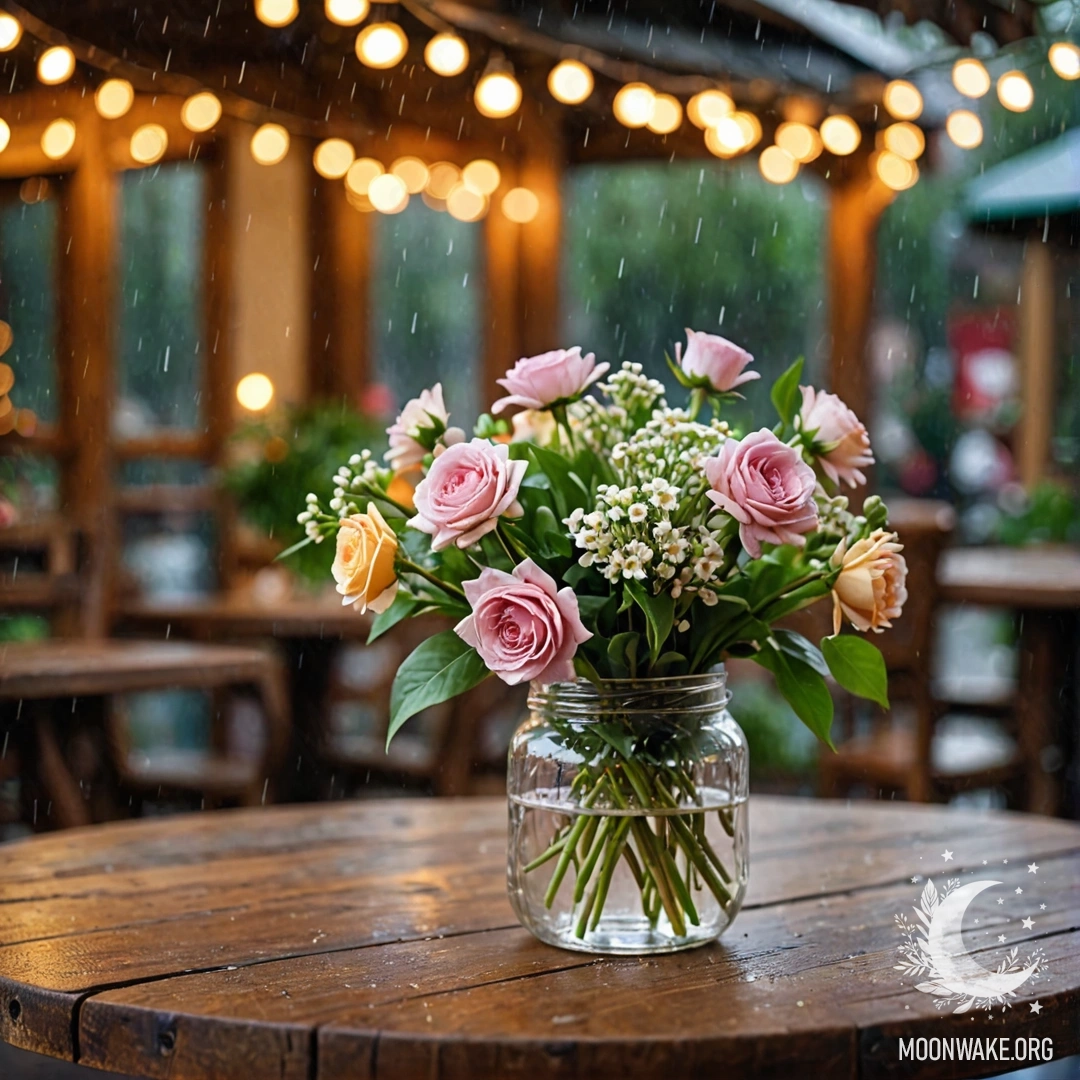 A shabby wooden table with a jar of flowers and a bokeh light garland in the background under the rain.