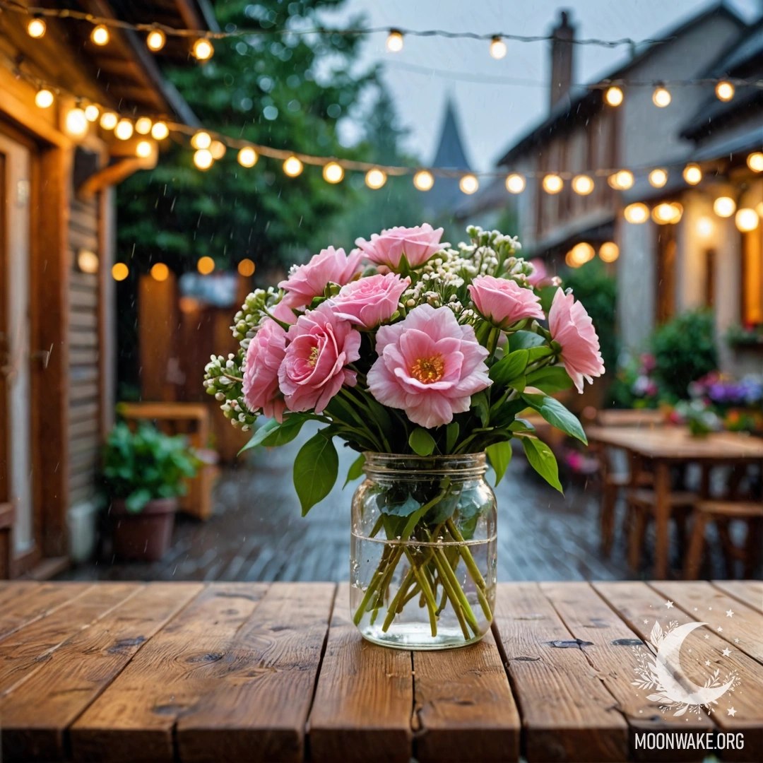 A shabby wooden table with a jar of flowers, blurred lights in the background under rain.