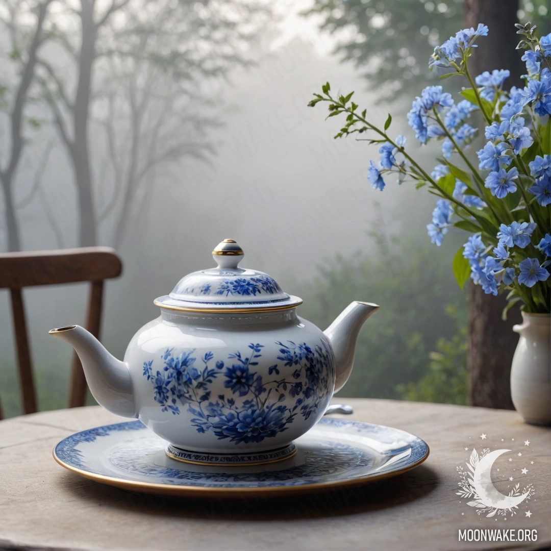 A round wooden table with a porcelain teapot filled with blue flowers, enveloped in dense mist.