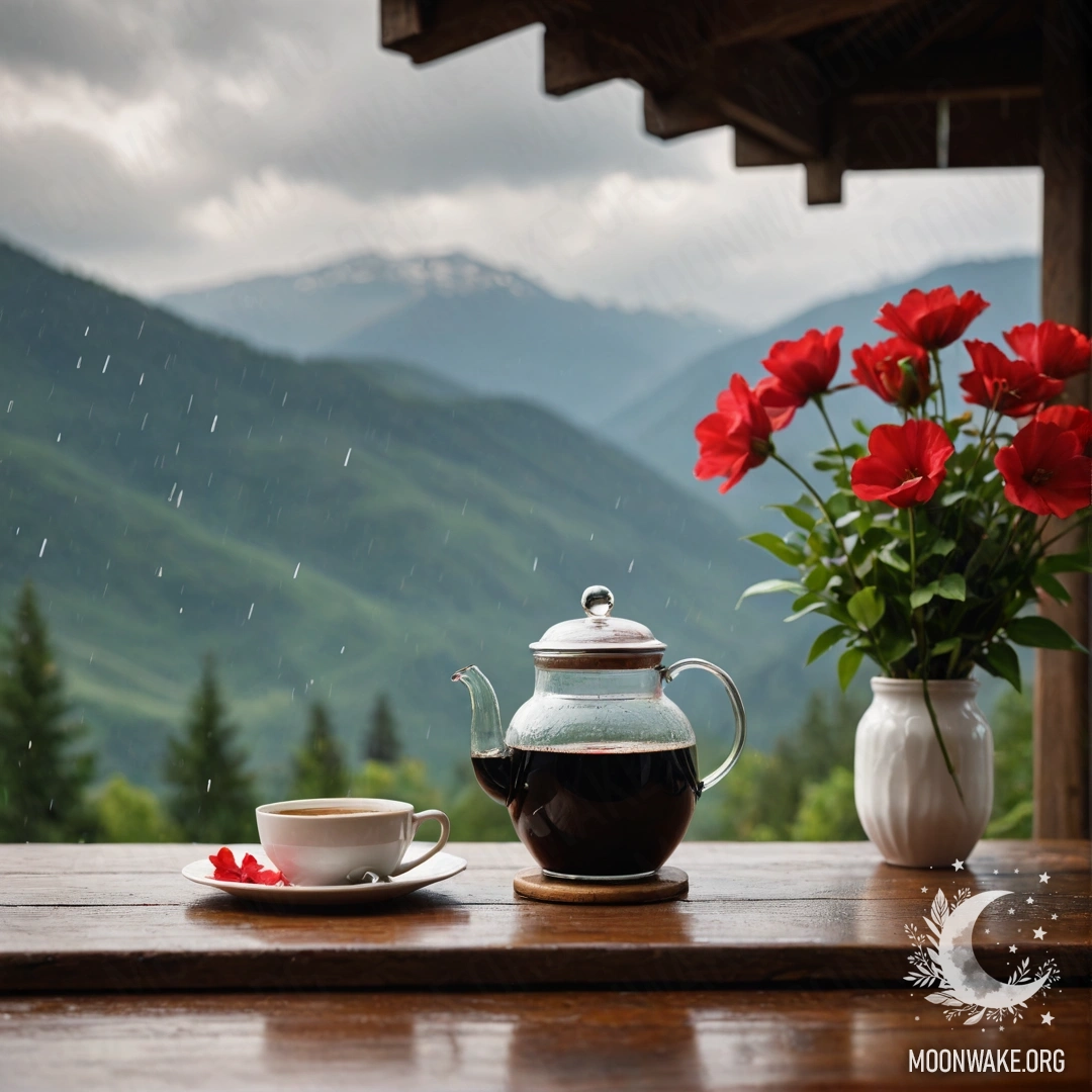 Cozy table with flowers and coffee in the rain A calm wooden table with a jar of red flowers, a coffee pot, and cups, set against a mountainous backdrop with rain falling.