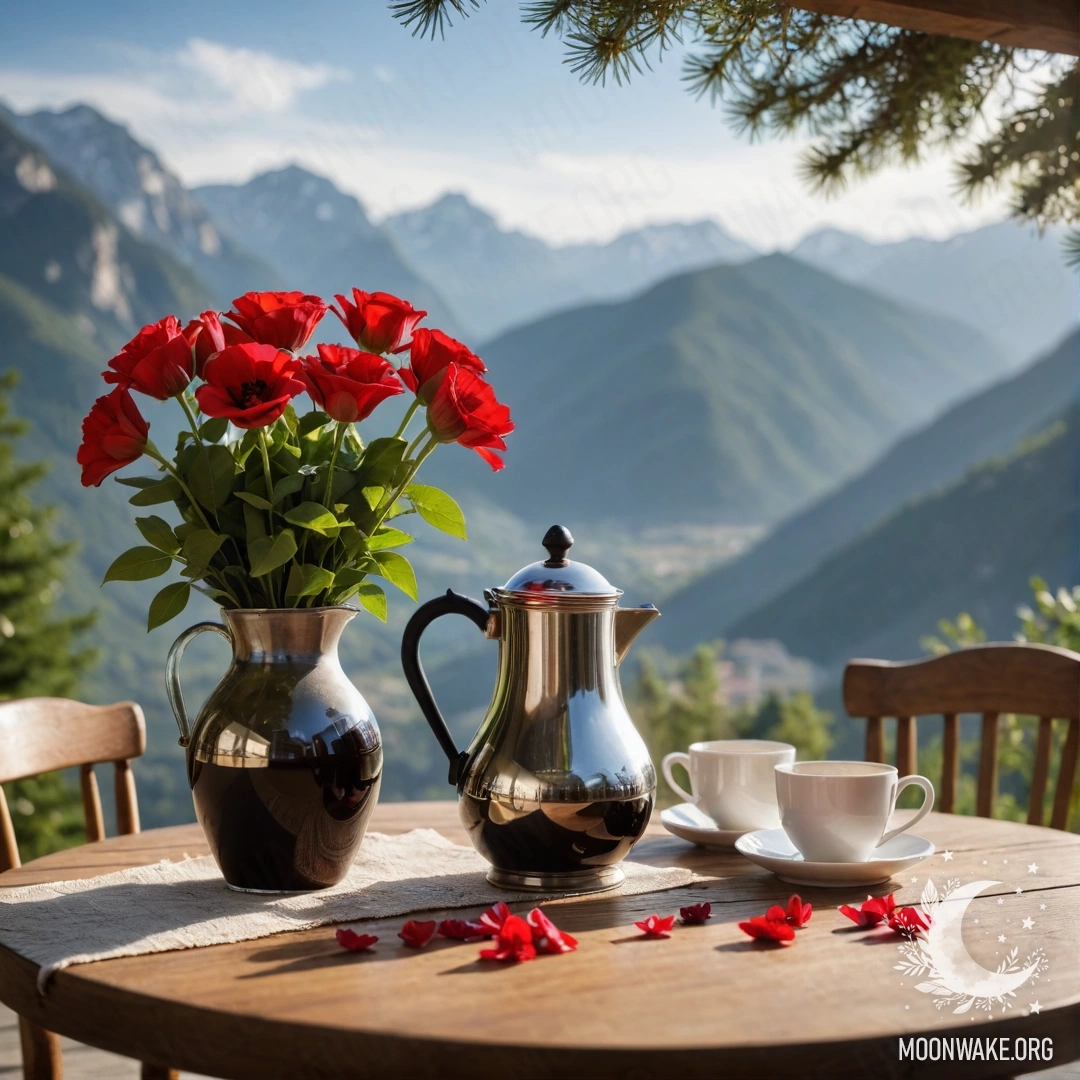 A peaceful wooden table with red flowers and a coffee pot, set against a mountain backdrop.