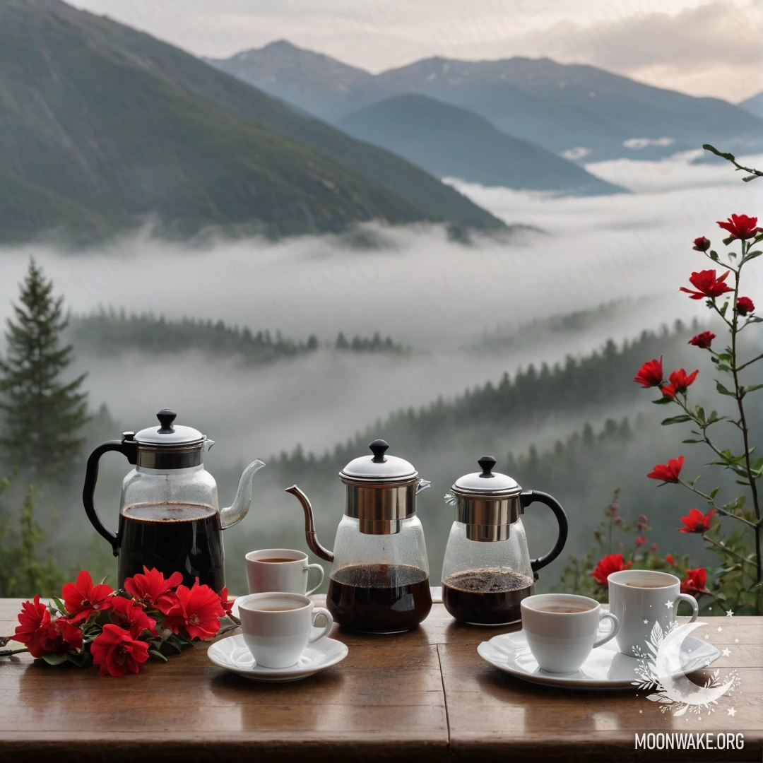 Cozy Table with Flowers and Mountains An abstract wooden table set against majestic mountains, featuring a jar with red flowers, a coffee pot, and cups in a heavy mist.