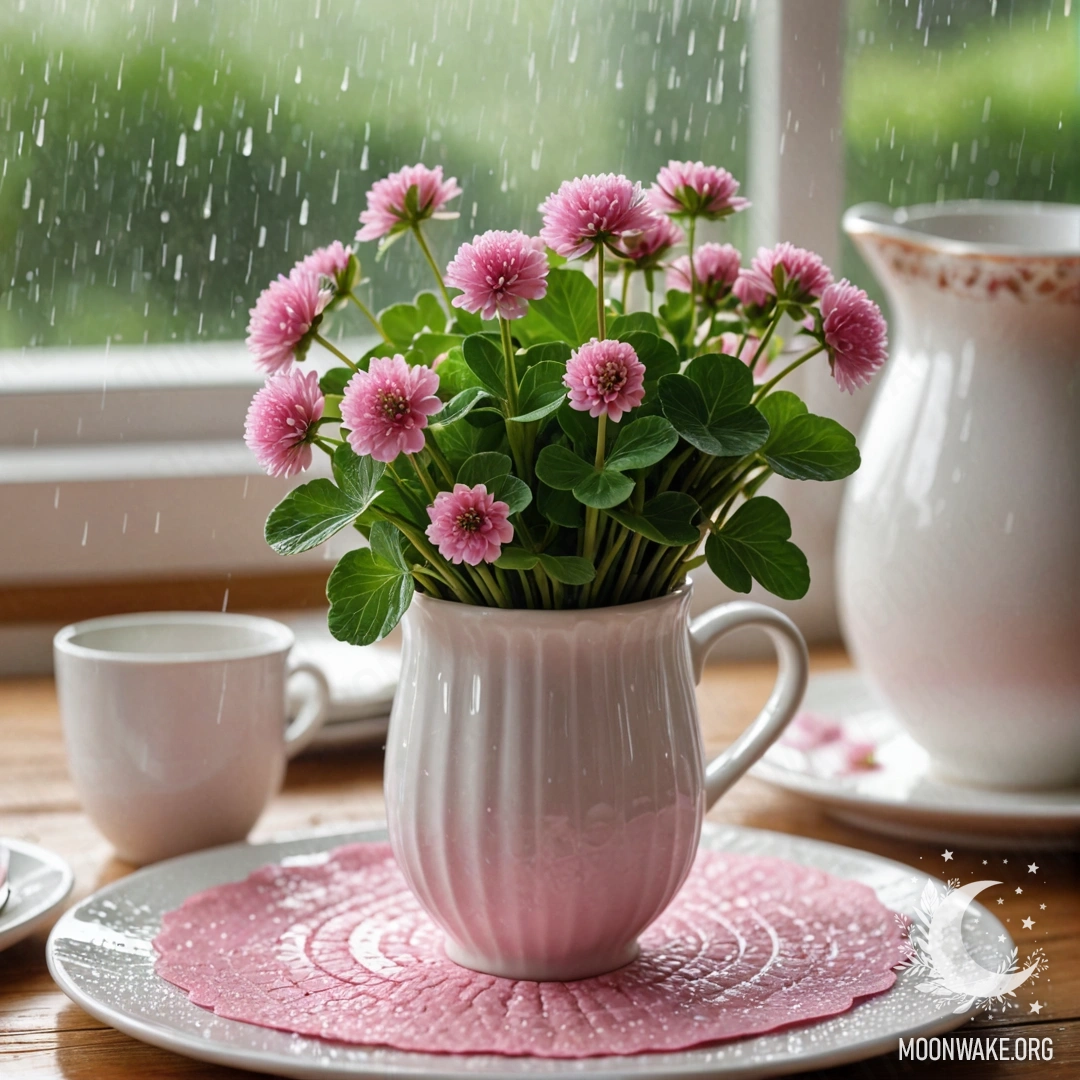 A round straw napkin with white porcelain cups and a pink pattern, a white vase with clover underneath the rain.