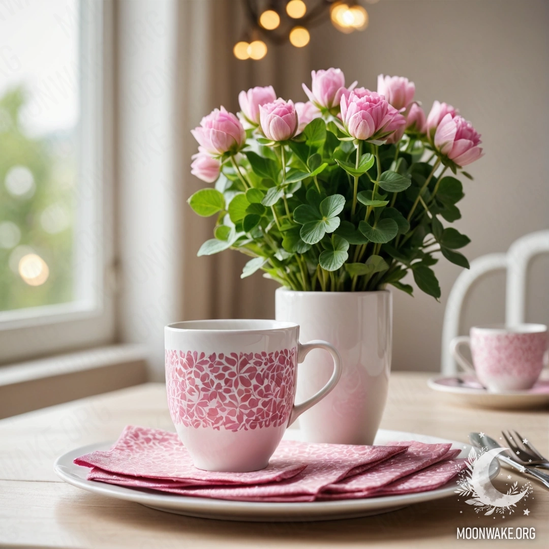 A cozy setting featuring a round straw napkin with white porcelain cups adorned with a pink pattern and a clover in a white vase surrounded by garland lights.