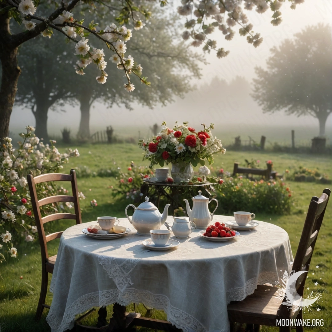 A vintage table with cups, a teapot, berries, and flowers shrouded in mist under an apple tree.