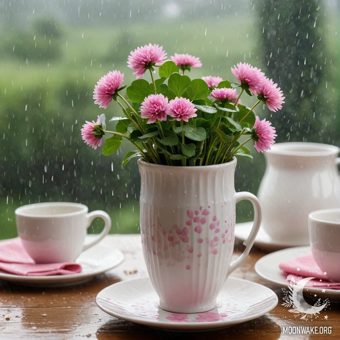 A round straw napkin holds white porcelain cups with pink patterns and a clover in a white vase, set against a rainy backdrop.