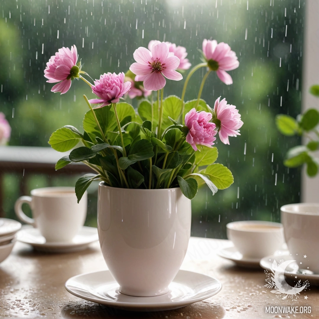Cozy Tea Time Under the Rain Photorealistic image of white porcelain cups with pink patterns on a round straw napkin, beside a white vase with clover under the rain.