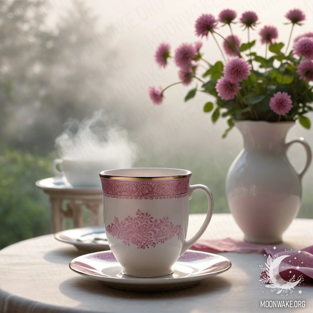 A round straw napkin with white porcelain cups decorated with pink patterns and a white vase holding clover, surrounded by dense mist.