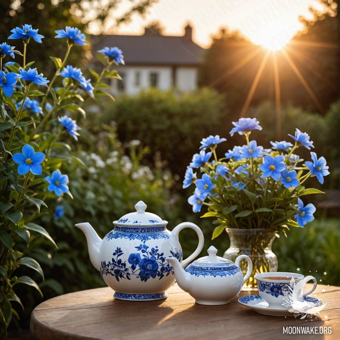 A round wooden table with a porcelain teapot containing blue flowers against a sunset background.