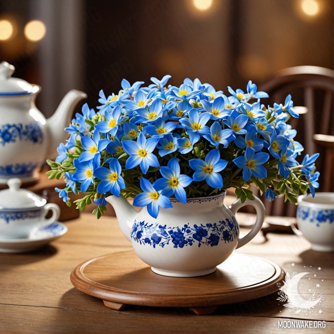 Cozy Teapot with Blue Flowers A cozy round wooden table with a porcelain teapot filled with blue flowers, illuminated by garland lights.