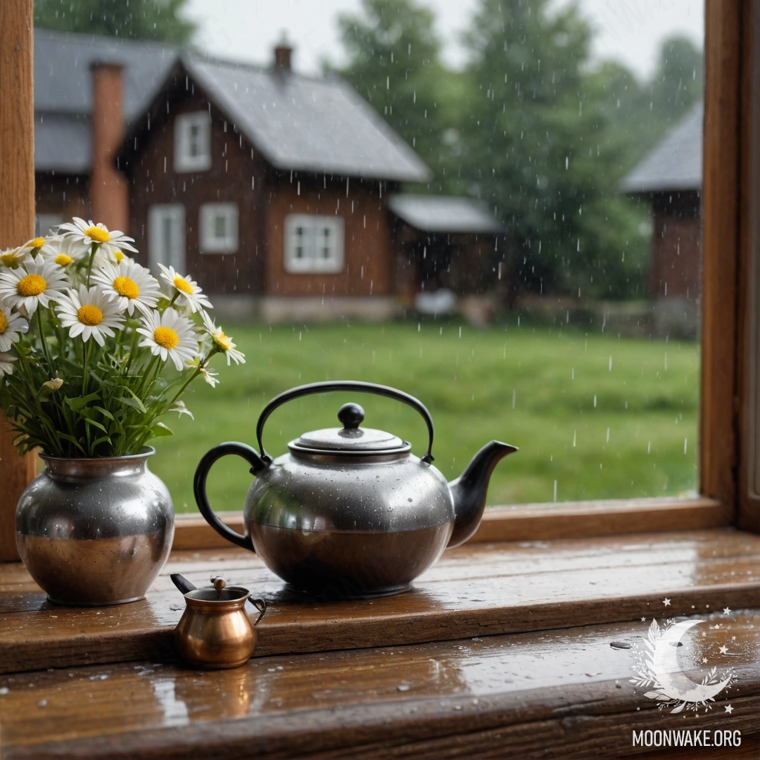 A cozy scene featuring a metal teapot with patterns and daisies on a shabby wooden window sill, under rain.