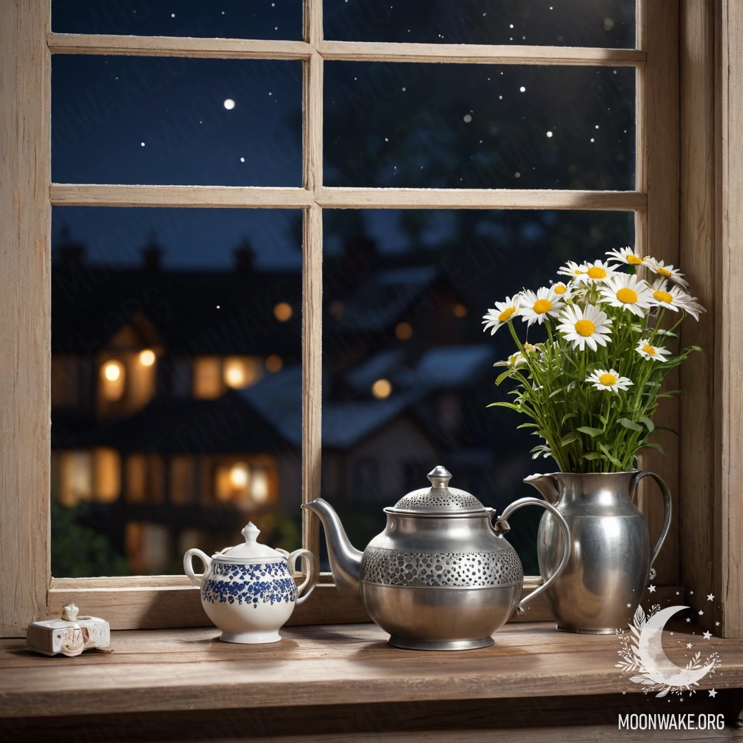 A cozy metal teapot adorned with patterns, filled with daisies, resting on a shabby wooden window sill at night.