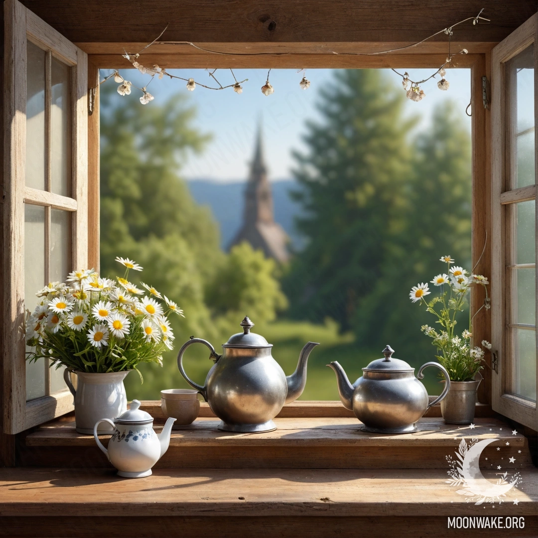 A cozy scene featuring a patterned metal teapot with daisies and garland lights on a shabby wooden window sill.
