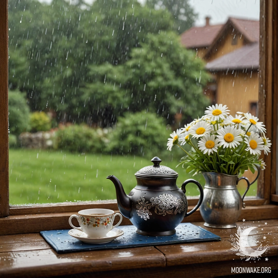 Cozy Teapot on Rainy Window Sill A cozy metal teapot with patterns holding daisies on a shabby wooden window sill under the rain.