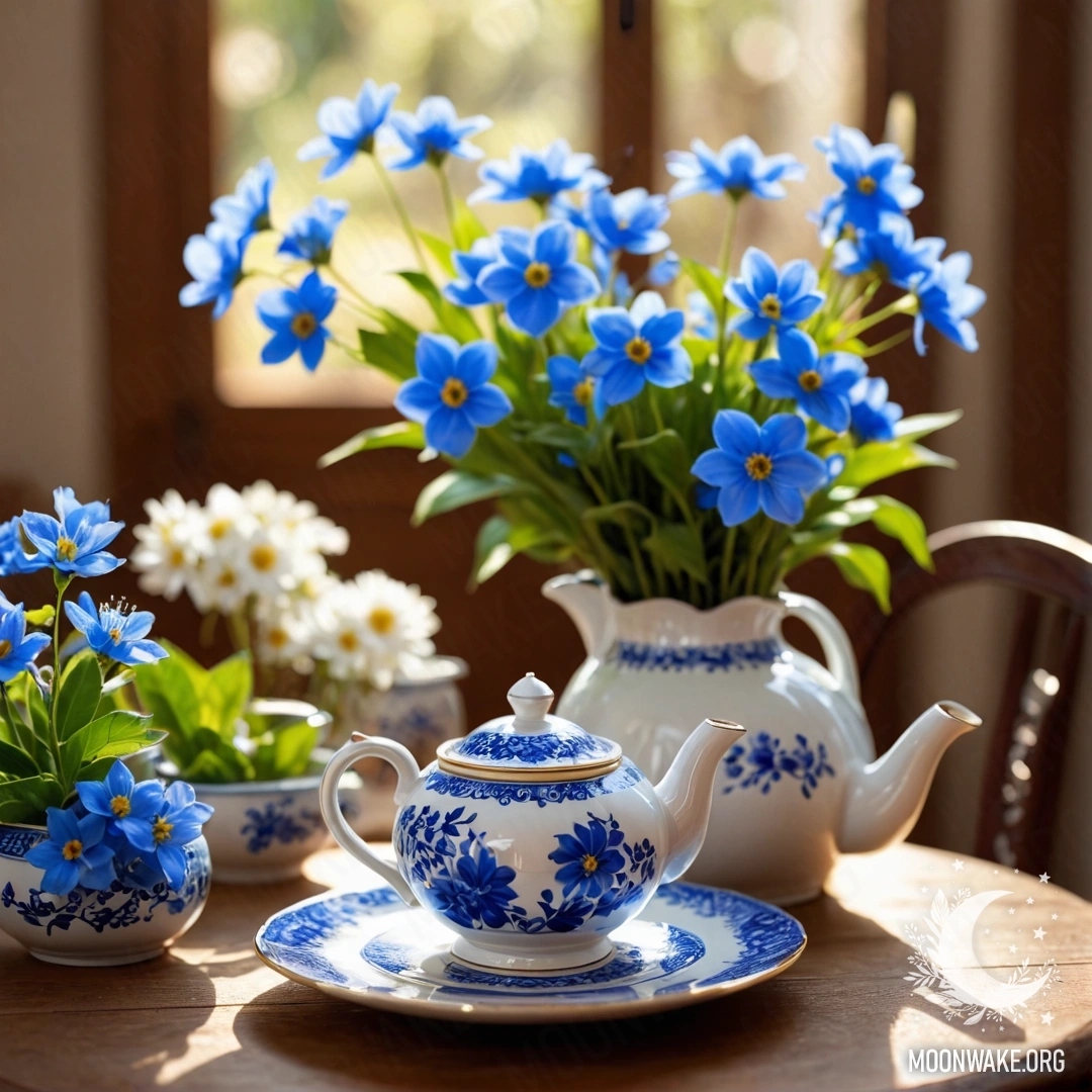 A cozy round wooden table with a porcelain teapot filled with blue flowers, illuminated by soft sun rays.