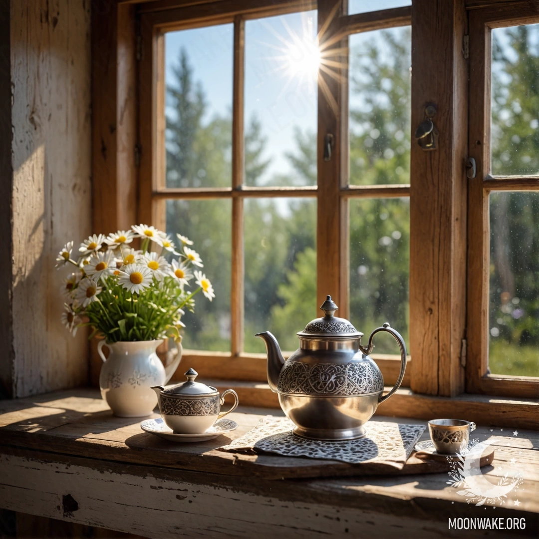 A cozy scene featuring a metal teapot adorned with patterns, placed on a shabby wooden windowsill, holding fresh daisies, illuminated by sun rays.