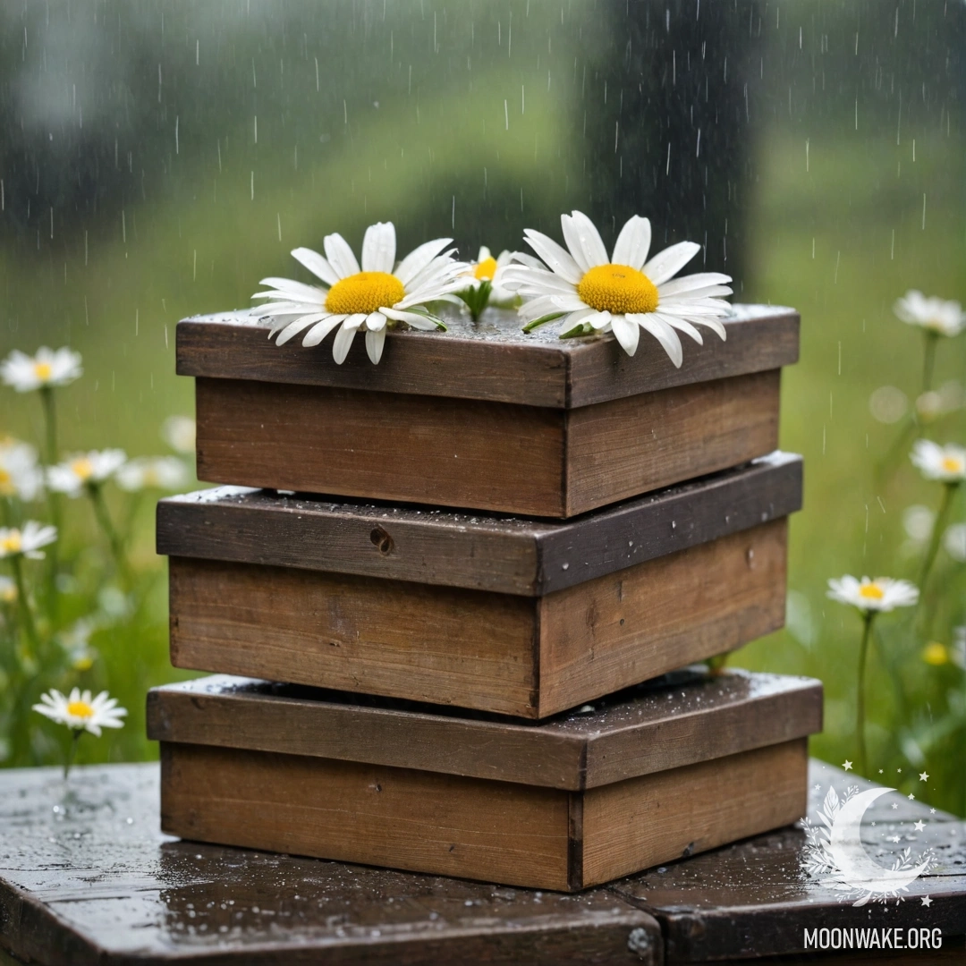 Two stacked shabby wooden boxes with daisies under the rain
