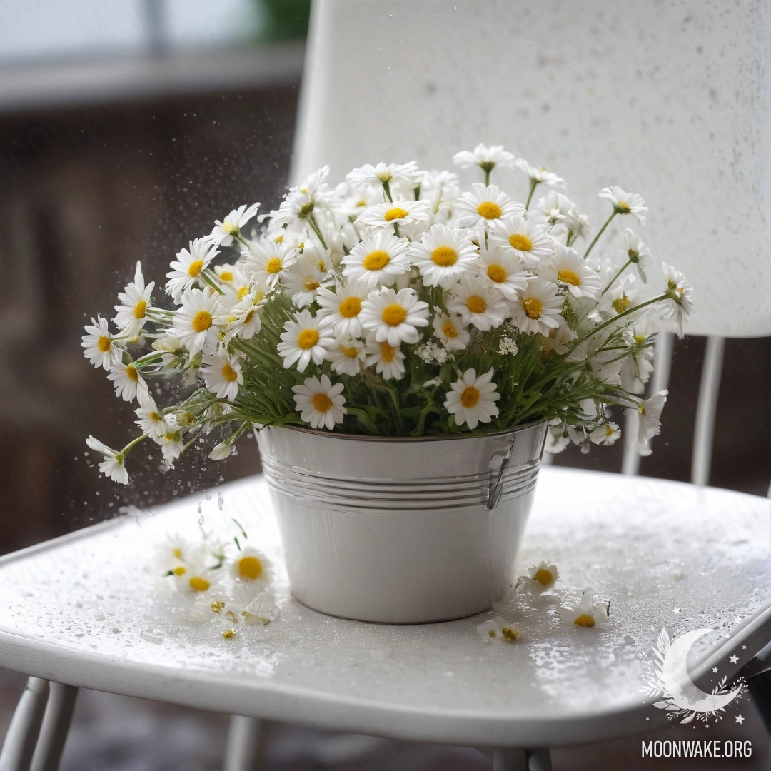 Close-up of a vintage chair with white fabric, a cup of coffee, and a milk bucket with daisies, under the rain.