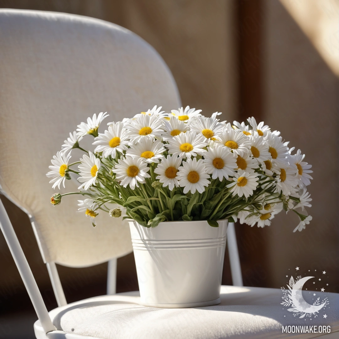 A close-up of a shabby vintage chair with translucent fabric, a cup of coffee, and a white milk bucket filled with daisies, illuminated by sun rays.