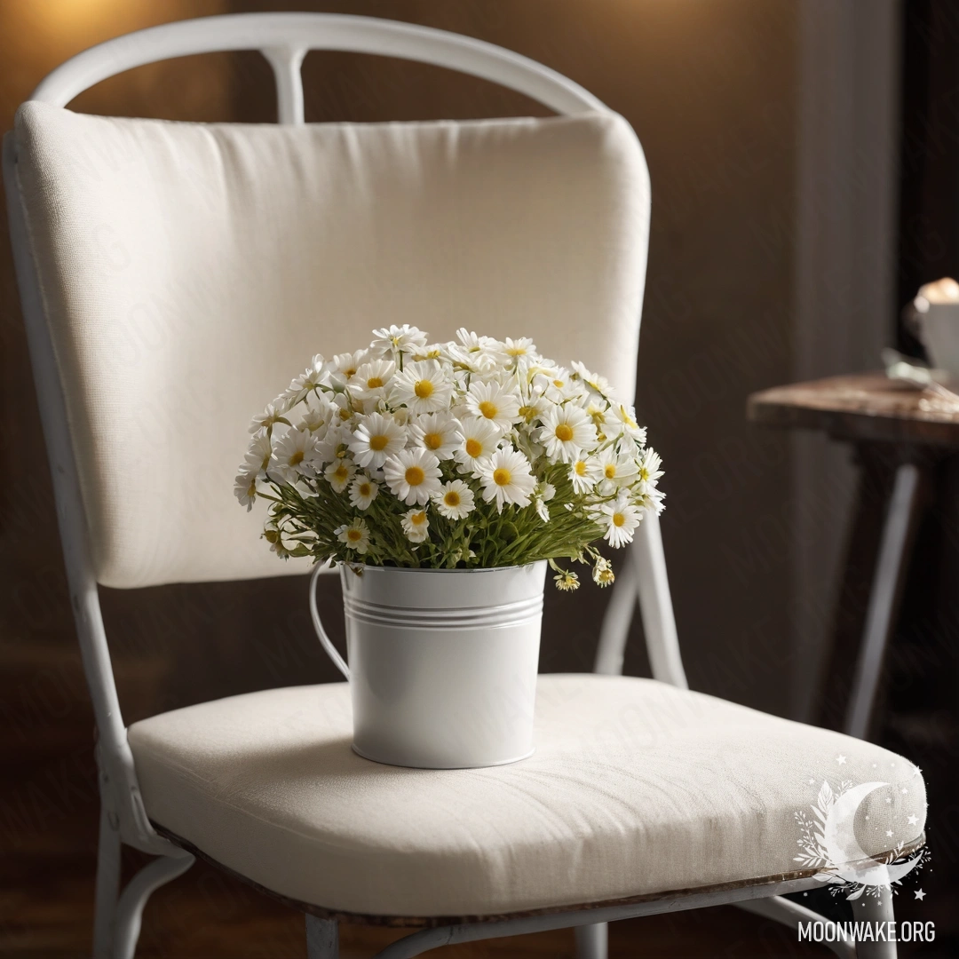 Close-up of a vintage chair with a white fabric, a coffee cup, and a milk bucket with daisies at night.