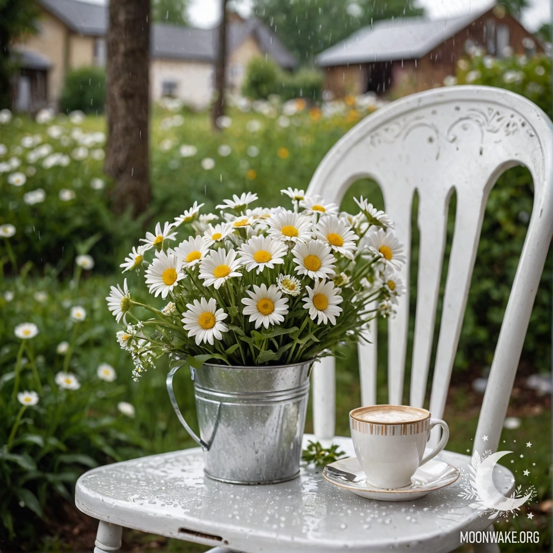 Cozy Vintage Chair with Coffee and Daisies A close-up of a vintage chair draped with translucent white fabric, a cup of coffee rests on it, alongside a white milk bucket holding daisies, all under a gentle rain.