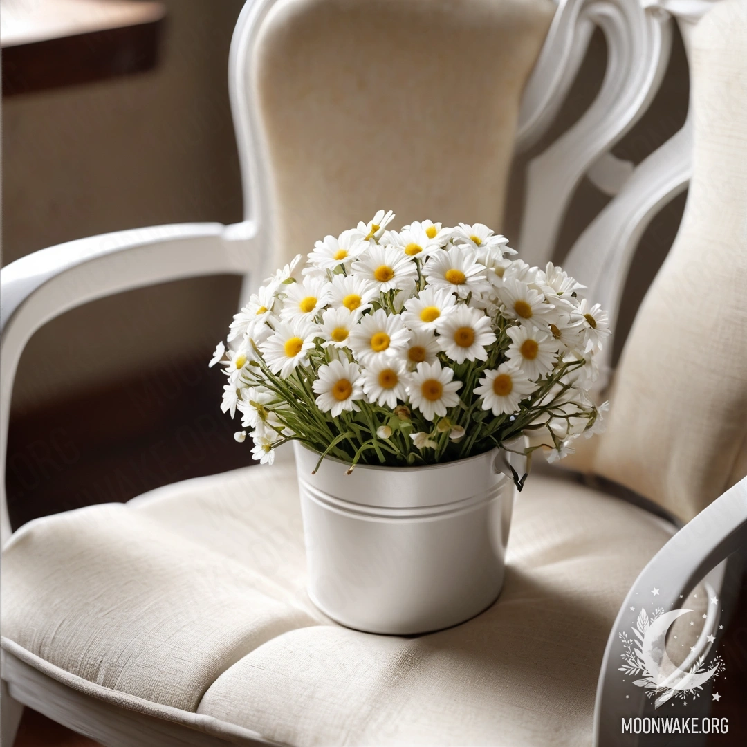 Cozy Vintage Chair with Daisies and Coffee A close-up of a shabby vintage chair with white fabric, a cup of coffee, and a white bucket filled with daisies.