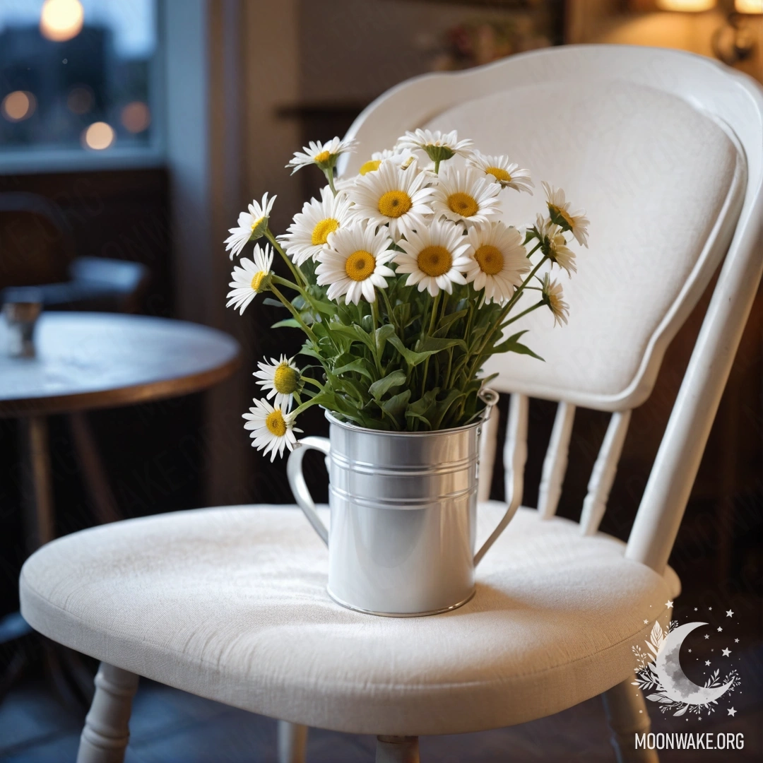 Cozy Vintage Chair with Daisies A close-up of a cozy shabby vintage chair adorned with white fabric, a cup of coffee and a milk bucket holding a bouquet of daisies at night.