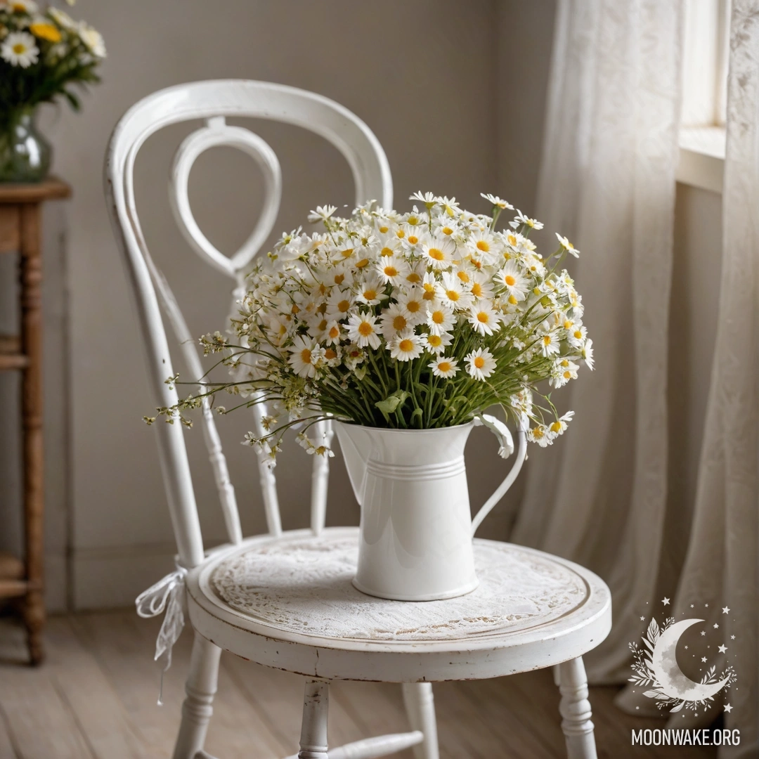A close-up of a shabby vintage chair with translucent fabric, a cup of coffee on it, and a white milk bucket with a bouquet of daisies in garland light.