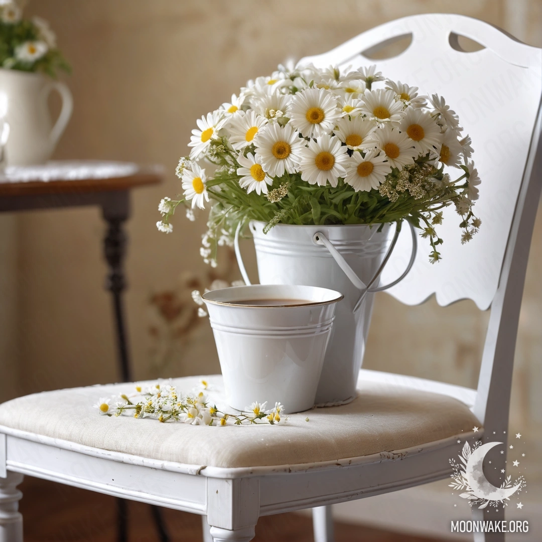 Cozy Vintage Chair with Coffee and Daisies A close-up of a vintage chair with white fabric, a cup of coffee, and a milk bucket with daisies.