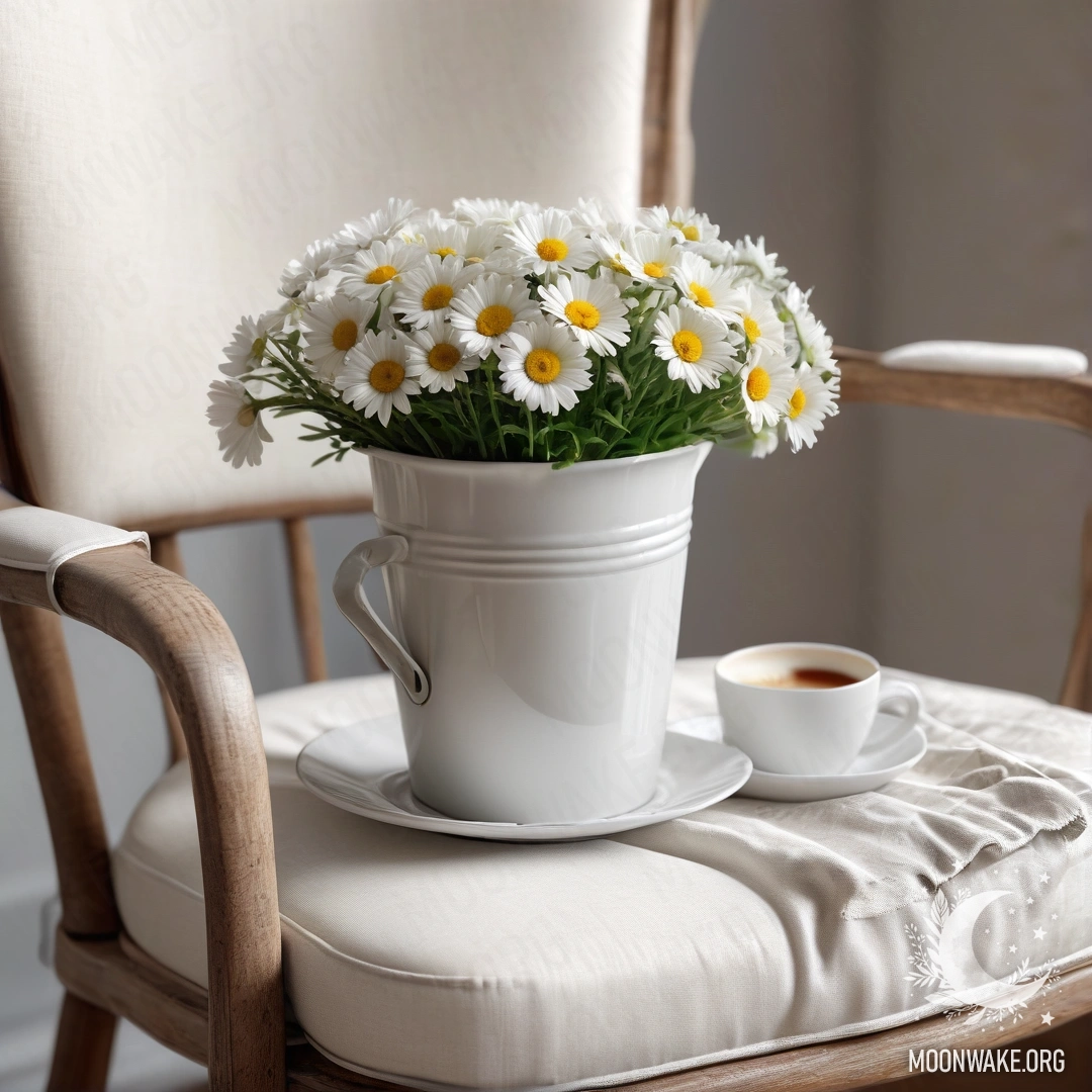 Close-up of a vintage chair with white fabric, a coffee cup, and a milk bucket with daisies.