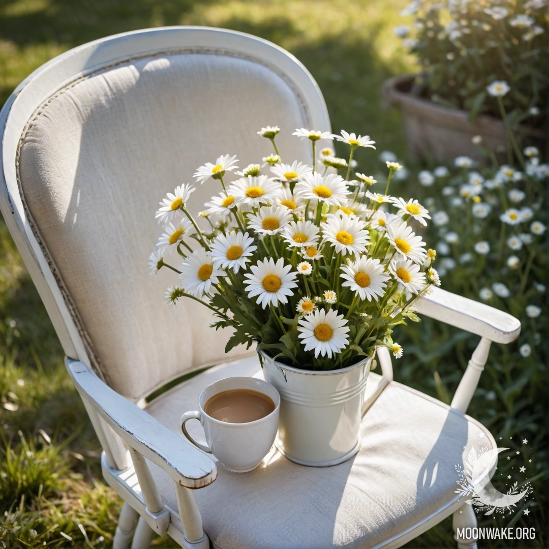 Cozy Vintage Chair with Coffee and Daisies A close-up of a shabby vintage chair with white fabric, a cup of coffee, and a milk bucket filled with daisies, illuminated by sunlight.