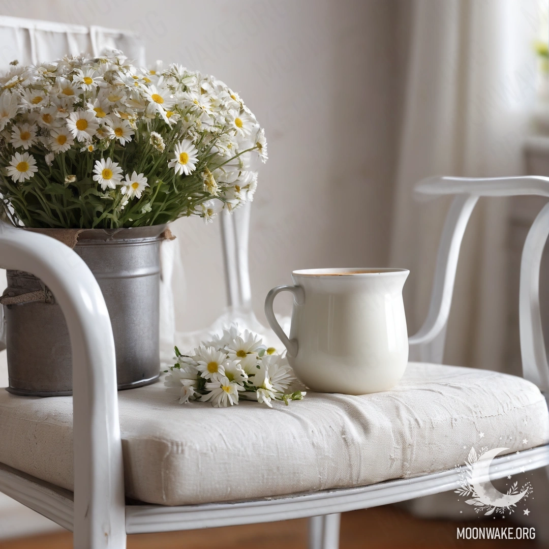Close-up of a vintage chair with a white fabric and a cup of coffee, featuring a milk bucket with daisies.