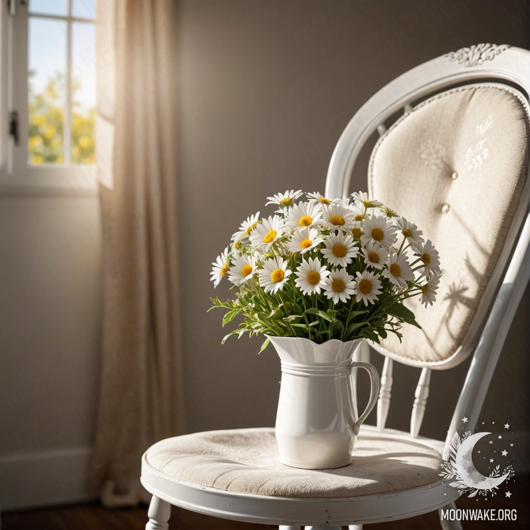Close-up of a cozy shabby vintage chair adorned with a white fabric, featuring a cup of coffee and a milk bucket holding daisies, bathed in sun rays.