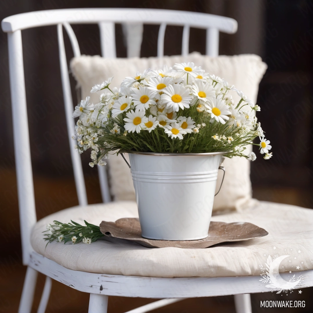 Cozy Vintage Chair with Daisies A close-up of a shabby vintage chair with translucent fabric, a coffee cup, and a milk bucket with daisies at night.
