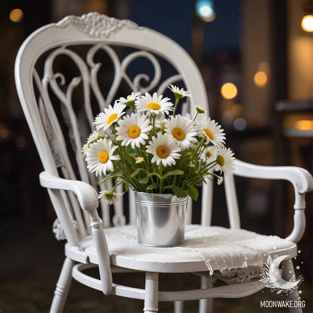 A close-up of a vintage chair draped with translucent fabric, a cup of coffee, and a milk bucket with daisies, all captured at night.
