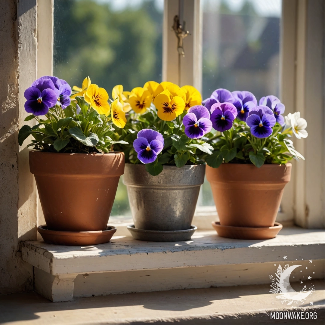 A shabby windowsill adorned with vintage flowerpots containing pansies, illuminated by sun rays.