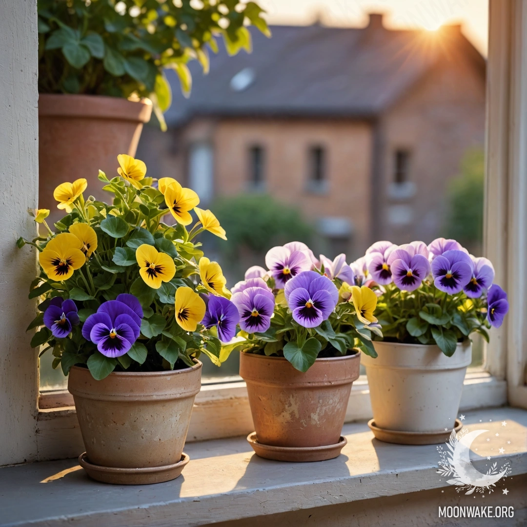 A shabby windowsill adorned with cozy vintage flowerpots filled with pansies at sunset.