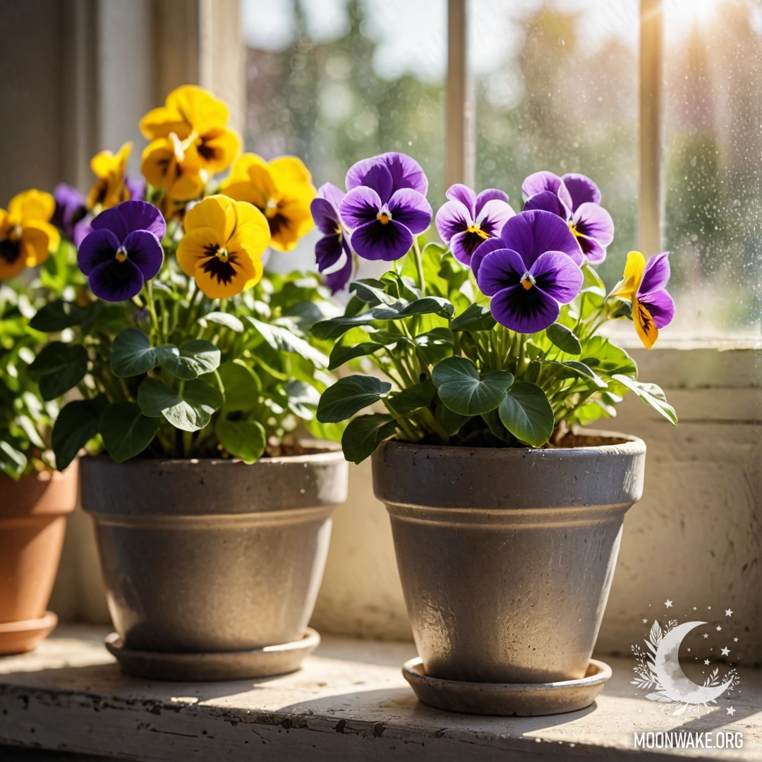 Cozy Vintage Flowerpots on a Windowsill A shabby windowsill adorned with vintage flowerpots filled with pansies, illuminated by gentle sun rays.